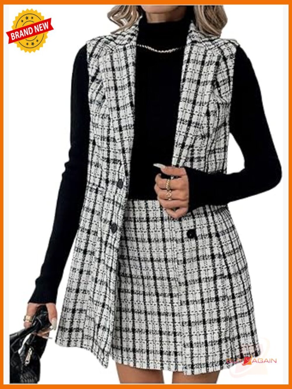 2pc Plaid Blazer & Skirt Set Workwear Office